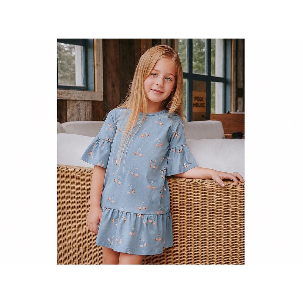 Miles The Label Cherry Print Blue Trumpet Sleeve Jersey Dress Size 6